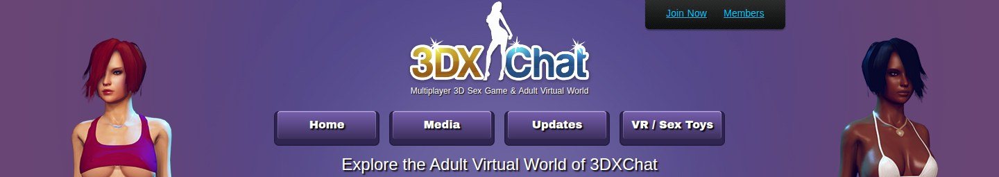 Cabecera recortada: logotipo 3DXChat y menú Home, Media, Updates y VR / Sex Toys